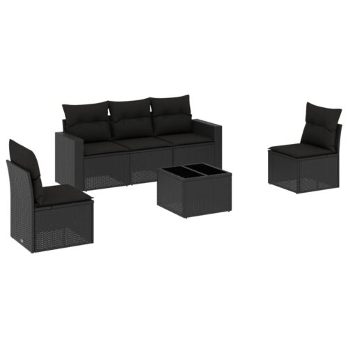 6-Piece Garden Sofa Set with Cushions Black Poly Rattan Wicker Outdoor Patio Furniture