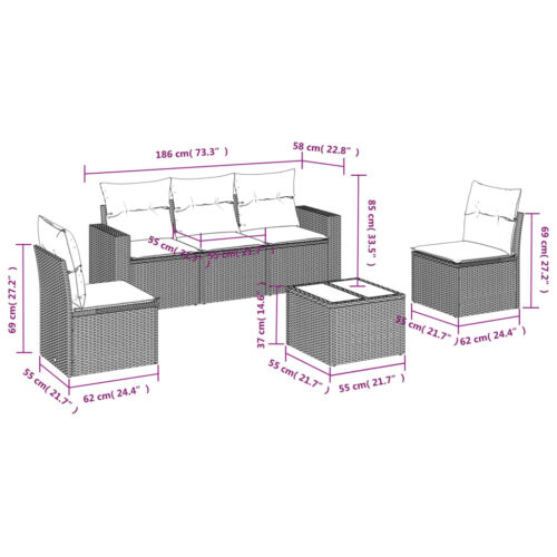 6-Piece Garden Sofa Set with Cushions Black Poly Rattan Wicker Outdoor Patio Furniture - Image 3