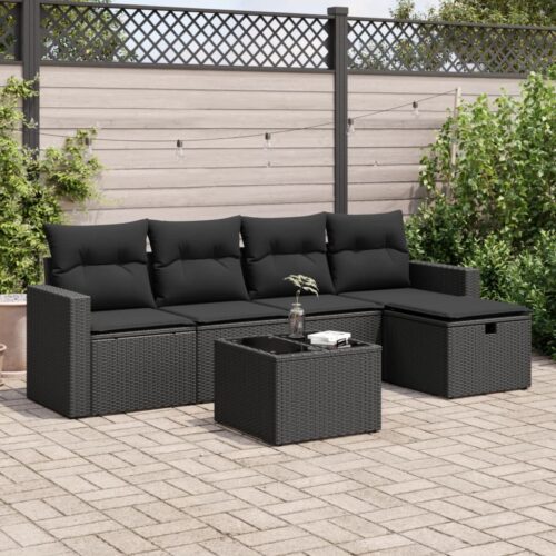 6-Piece Garden Sofa Set with Cushions Black Poly Rattan Wicker Outdoor Patio Furniture - Image 2