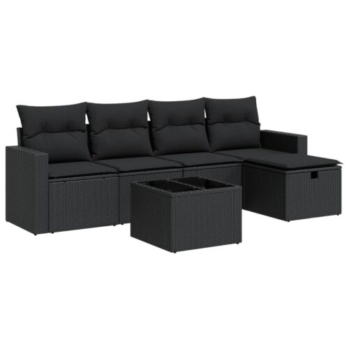 6-Piece Garden Sofa Set with Cushions Black Poly Rattan Wicker Outdoor Patio Furniture - Image 13