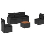 6-Piece Garden Sofa Set with Cushions Black Poly Rattan Wicker Outdoor Patio Furniture