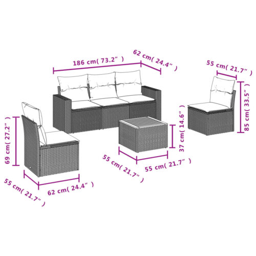 6-Piece Garden Sofa Set with Cushions Black Poly Rattan Wicker Outdoor Patio Furniture - Image 10