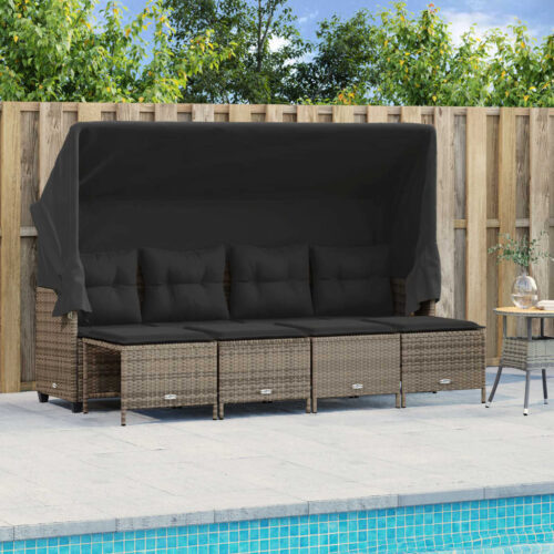 5-Piece Garden Sofa Set with Cushions Grey Poly Rattan Wicker Outdoor Patio Furniture - Image 2