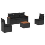 6-Piece Garden Sofa Set with Cushions Black Poly Rattan Wicker Outdoor Patio Furniture