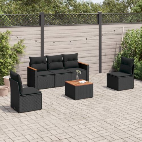 6-Piece Garden Sofa Set with Cushions Black Poly Rattan Wicker Outdoor Patio Furniture - Image 2