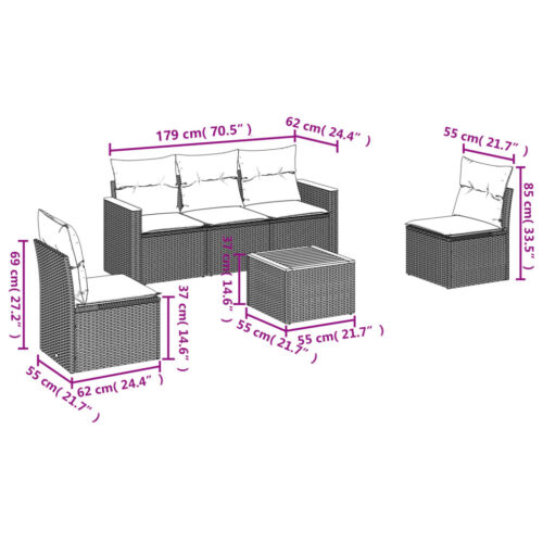 6-Piece Garden Sofa Set with Cushions Black Poly Rattan Wicker Outdoor Patio Furniture - Image 3