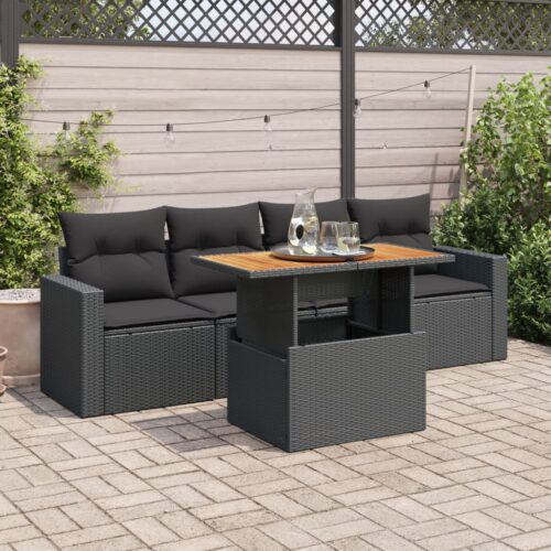 5-Piece Garden Sofa Set with Cushions Black Poly Rattan Wicker Outdoor Patio Furniture - Image 2