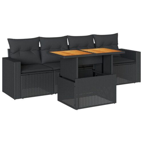 5-Piece Garden Sofa Set with Cushions Black Poly Rattan Wicker Outdoor Patio Furniture - Image 13