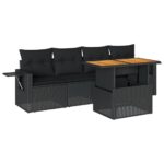 5-Piece Garden Sofa Set with Cushions Black Poly Rattan Wicker Outdoor Patio Furniture
