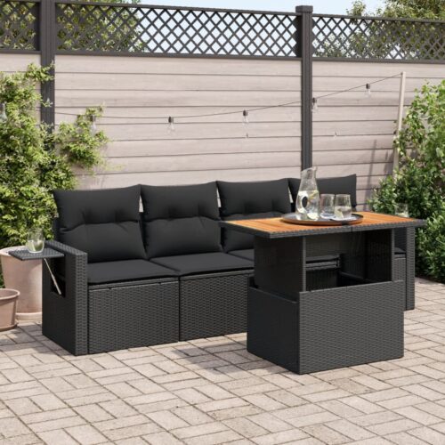5-Piece Garden Sofa Set with Cushions Black Poly Rattan Wicker Outdoor Patio Furniture - Image 2
