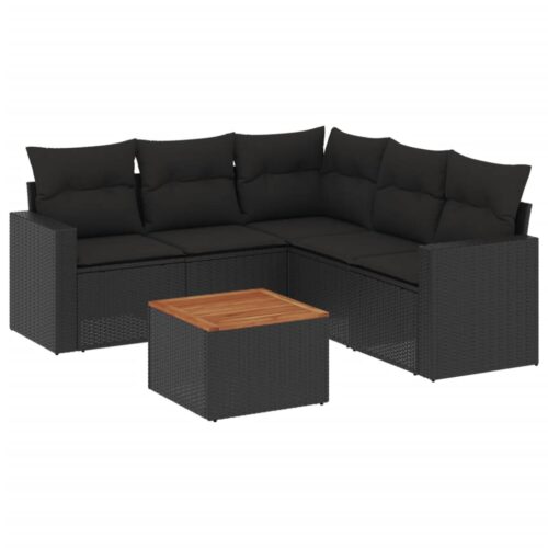 6-Piece Garden Sofa Set with Cushions Black Poly Rattan Wicker Outdoor Patio Furniture
