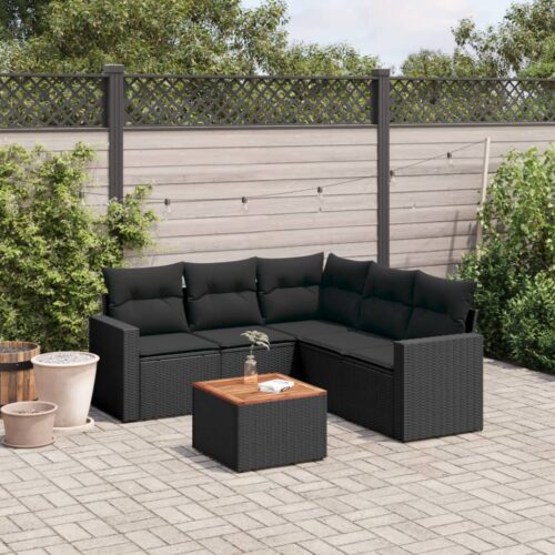 6-Piece Garden Sofa Set with Cushions Black Poly Rattan Wicker Outdoor Patio Furniture - Image 2