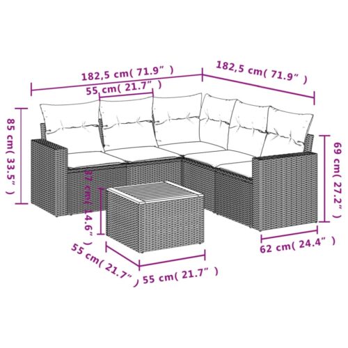 6-Piece Garden Sofa Set with Cushions Black Poly Rattan Wicker Outdoor Patio Furniture - Image 3