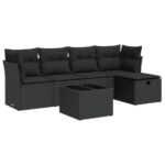 6-Piece Garden Sofa Set with Cushions Black Poly Rattan Wicker Outdoor Patio Furniture