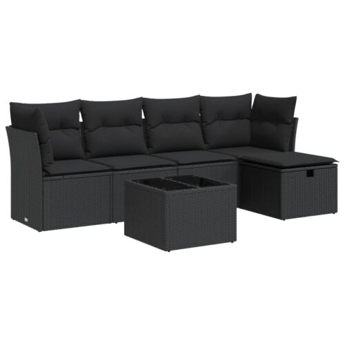 6-Piece Garden Sofa Set with Cushions Black Poly Rattan Wicker Outdoor Patio Furniture
