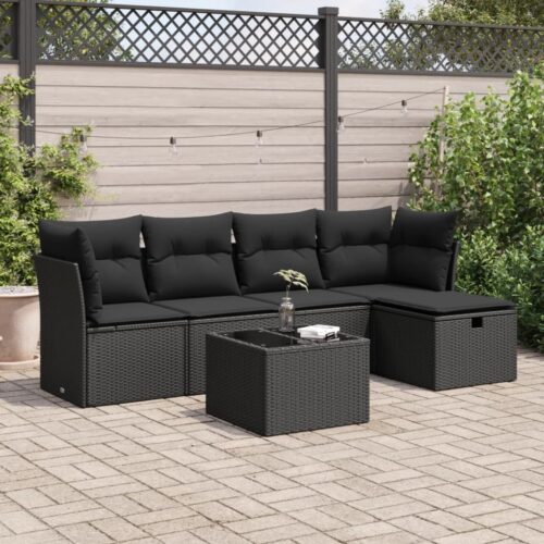 6-Piece Garden Sofa Set with Cushions Black Poly Rattan Wicker Outdoor Patio Furniture - Image 2