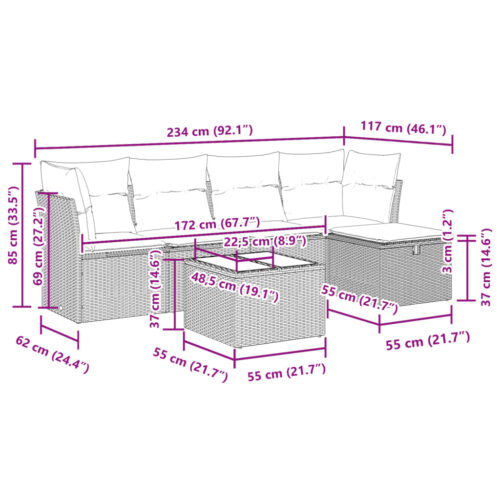 6-Piece Garden Sofa Set with Cushions Black Poly Rattan Wicker Outdoor Patio Furniture - Image 12
