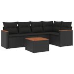 6-Piece Garden Sofa Set with Cushions Black Poly Rattan Wicker Outdoor Patio Furniture