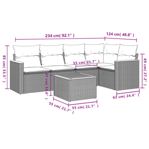 6-Piece Garden Sofa Set with Cushions Black Poly Rattan Wicker Outdoor Patio Furniture - Image 7