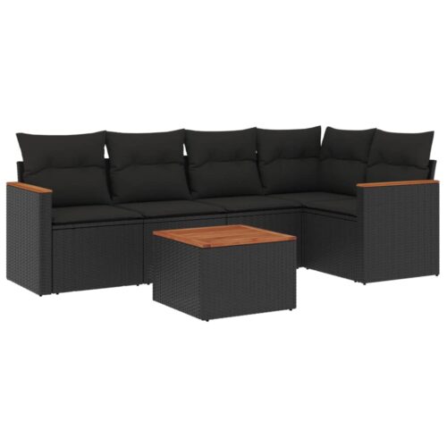6-Piece Garden Sofa Set with Cushions Black Poly Rattan Wicker Outdoor Patio Furniture - Image 14
