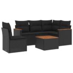 6-Piece Garden Sofa Set with Cushions Black Poly Rattan Wicker Outdoor Patio Furniture