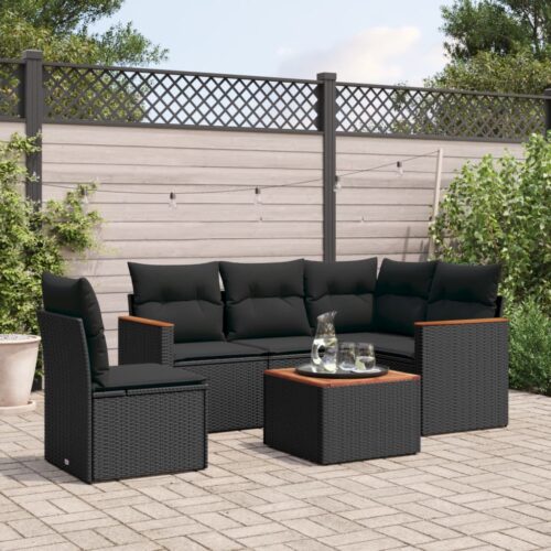 6-Piece Garden Sofa Set with Cushions Black Poly Rattan Wicker Outdoor Patio Furniture - Image 2