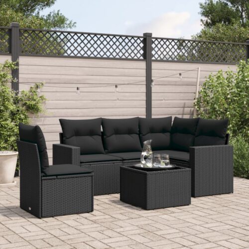 6-Piece Garden Sofa Set with Cushions Black Poly Rattan Wicker Outdoor Patio Furniture - Image 2
