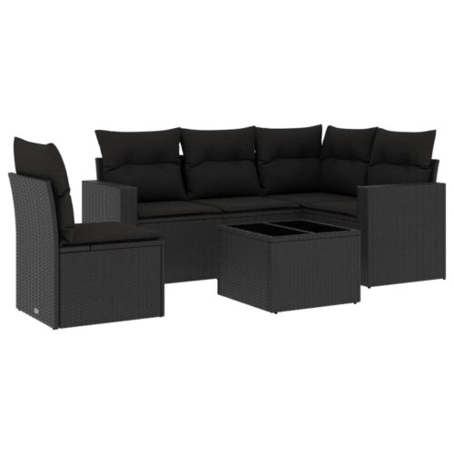 6-Piece Garden Sofa Set with Cushions Black Poly Rattan Wicker Outdoor Patio Furniture - Image 5