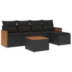 6-Piece Garden Sofa Set with Cushions Black Poly Rattan Wicker Outdoor Patio Furniture