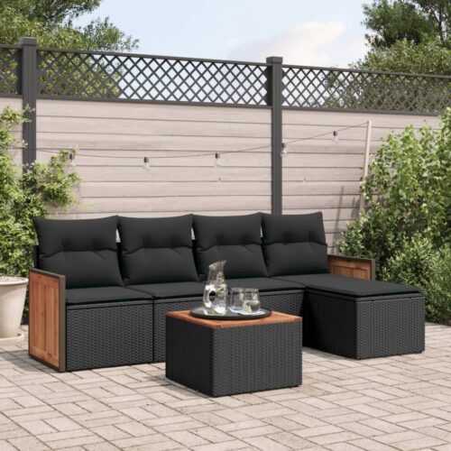 6-Piece Garden Sofa Set with Cushions Black Poly Rattan Wicker Outdoor Patio Furniture - Image 2