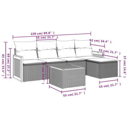 6-Piece Garden Sofa Set with Cushions Black Poly Rattan Wicker Outdoor Patio Furniture - Image 3