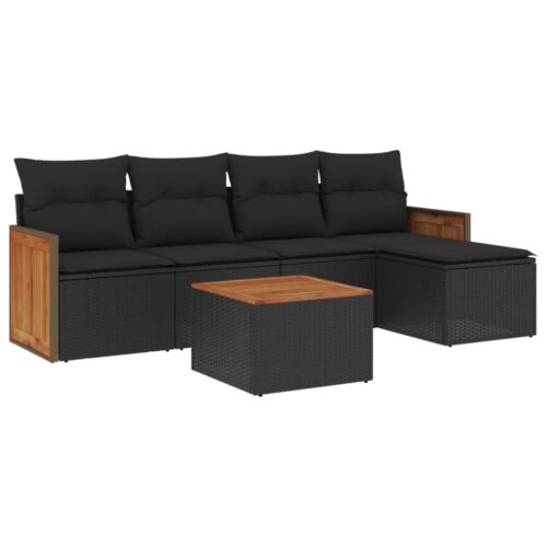 6-Piece Garden Sofa Set with Cushions Black Poly Rattan Wicker Outdoor Patio Furniture - Image 5