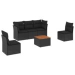 6-Piece Garden Sofa Set with Cushions Black Poly Rattan Wicker Outdoor Patio Furniture