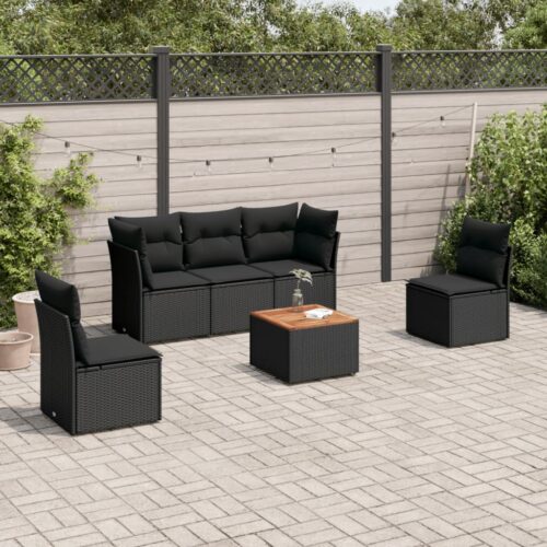 6-Piece Garden Sofa Set with Cushions Black Poly Rattan Wicker Outdoor Patio Furniture - Image 2