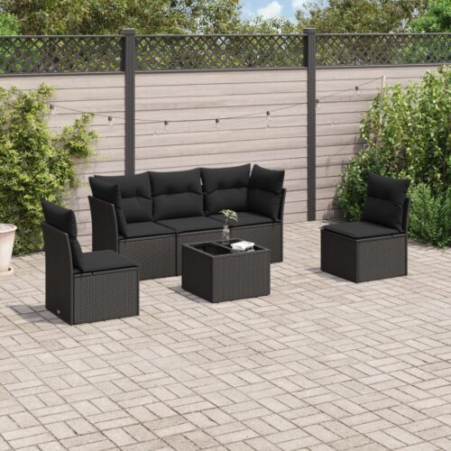 6-Piece Garden Sofa Set with Cushions Black Poly Rattan Wicker Outdoor Patio Furniture - Image 2