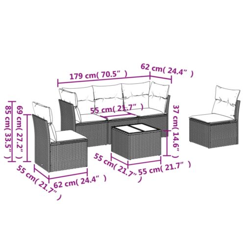 6-Piece Garden Sofa Set with Cushions Black Poly Rattan Wicker Outdoor Patio Furniture - Image 3