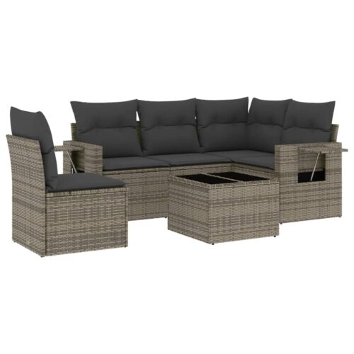 6-Piece Garden Sofa Set with Cushions Black Poly Rattan Wicker Outdoor Patio Furniture