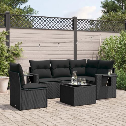 6-Piece Garden Sofa Set with Cushions Black Poly Rattan Wicker Outdoor Patio Furniture - Image 2