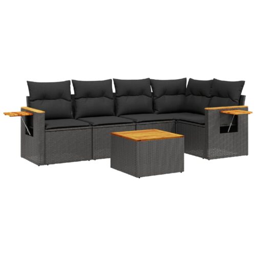 6-Piece Garden Sofa Set with Cushions Black Poly Rattan Wicker Outdoor Patio Furniture