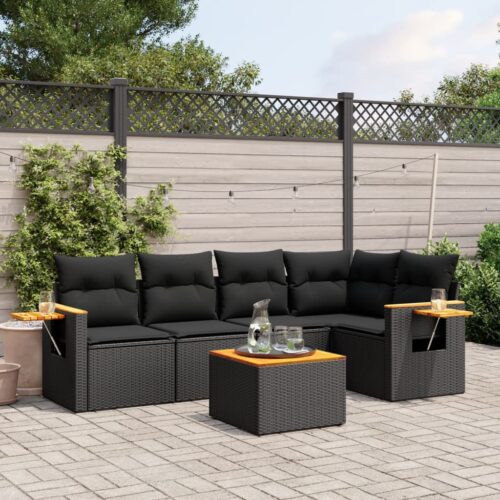 6-Piece Garden Sofa Set with Cushions Black Poly Rattan Wicker Outdoor Patio Furniture - Image 2