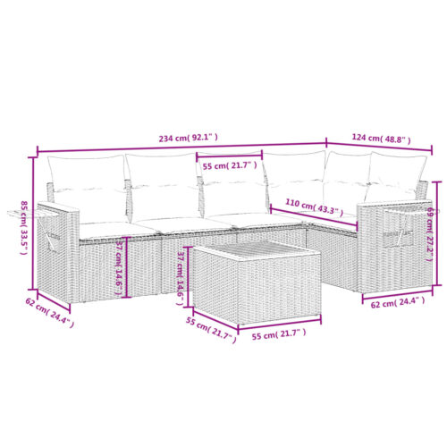 6-Piece Garden Sofa Set with Cushions Black Poly Rattan Wicker Outdoor Patio Furniture - Image 10