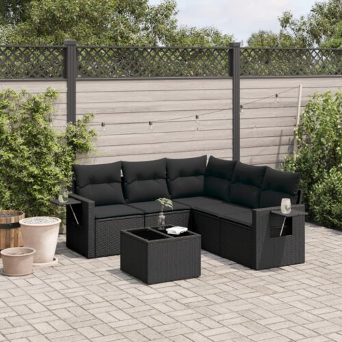 6-Piece Garden Sofa Set with Cushions Black Poly Rattan Wicker Outdoor Patio Furniture - Image 2