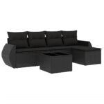 6-Piece Garden Sofa Set with Cushions Black Poly Rattan Wicker Outdoor Patio Furniture