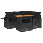 5-Piece Garden Sofa Set with Cushions Black Poly Rattan Wicker Outdoor Patio Furniture