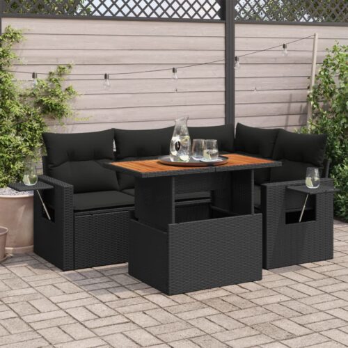 5-Piece Garden Sofa Set with Cushions Black Poly Rattan Wicker Outdoor Patio Furniture - Image 2
