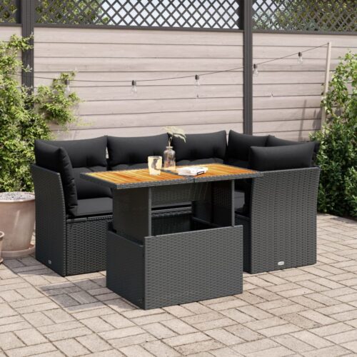 5-Piece Garden Sofa Set with Cushions Black Poly Rattan Wicker Outdoor Patio Furniture - Image 2