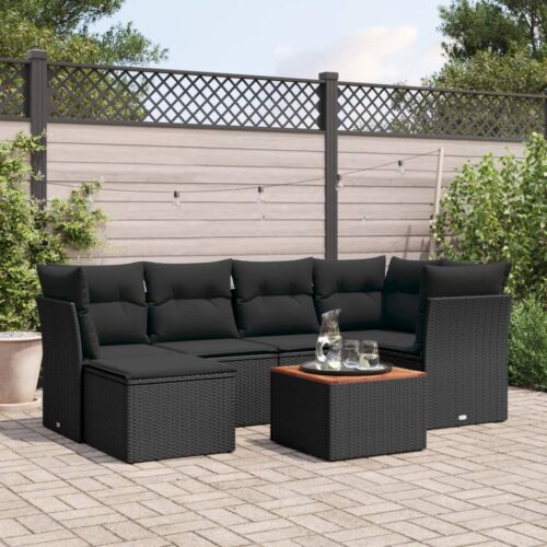 7-Piece Garden Sofa Set with Cushions Black Poly Rattan Wicker Outdoor Patio Furniture - Image 2