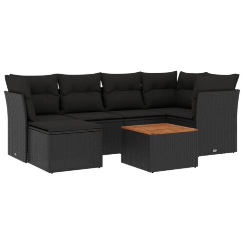 7-Piece Garden Sofa Set with Cushions Black Poly Rattan Wicker Outdoor Patio Furniture - Image 5