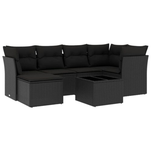 7-Piece Garden Sofa Set with Cushions Black Poly Rattan Wicker Outdoor Patio Furniture