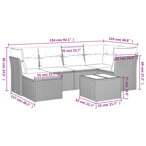 7-Piece Garden Sofa Set with Cushions Black Poly Rattan Wicker Outdoor Patio Furniture - Image 3